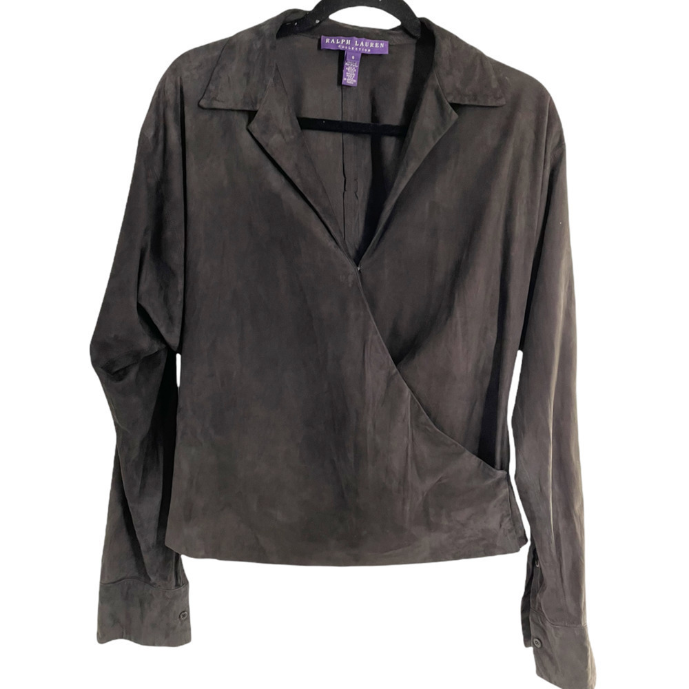 𝅺ralph LAUREN PURPLE LABEL BROWN/GRAY LEATHER COLLARED WRAP SHIRT
